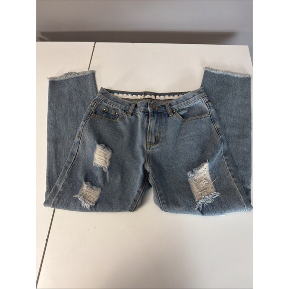 POL Floral Embroidered Crop Distressed 100% Cotton Jeans Bohemian Raw Hem Sz S - Picture 3 of 9